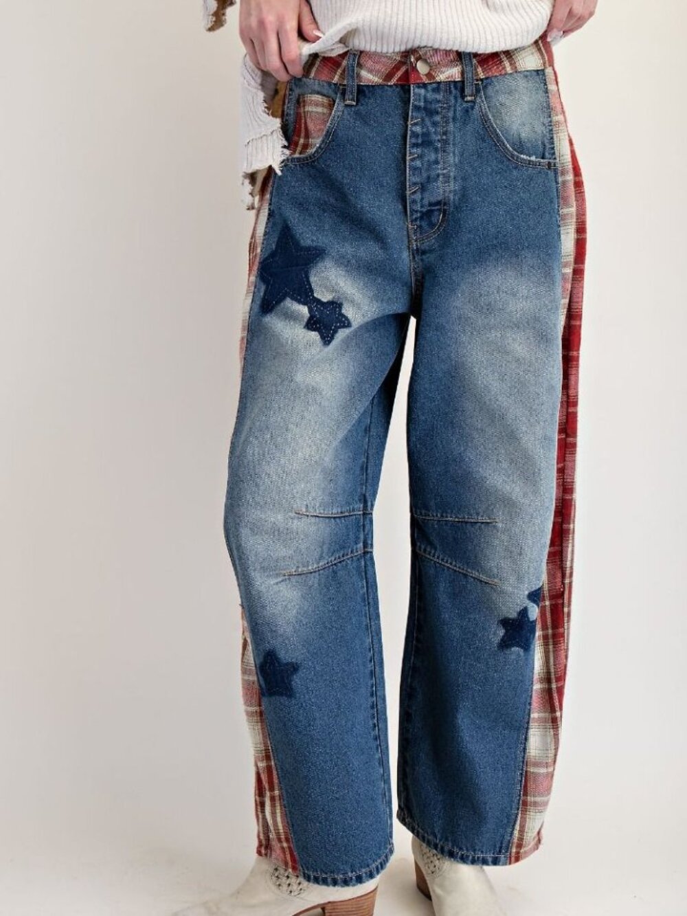 EASEL PLAID MIX STAR PRINT WASHED BARREL DENIM PANTS 70% COTTON 30% POLYESTER - Picture 2 of 4
